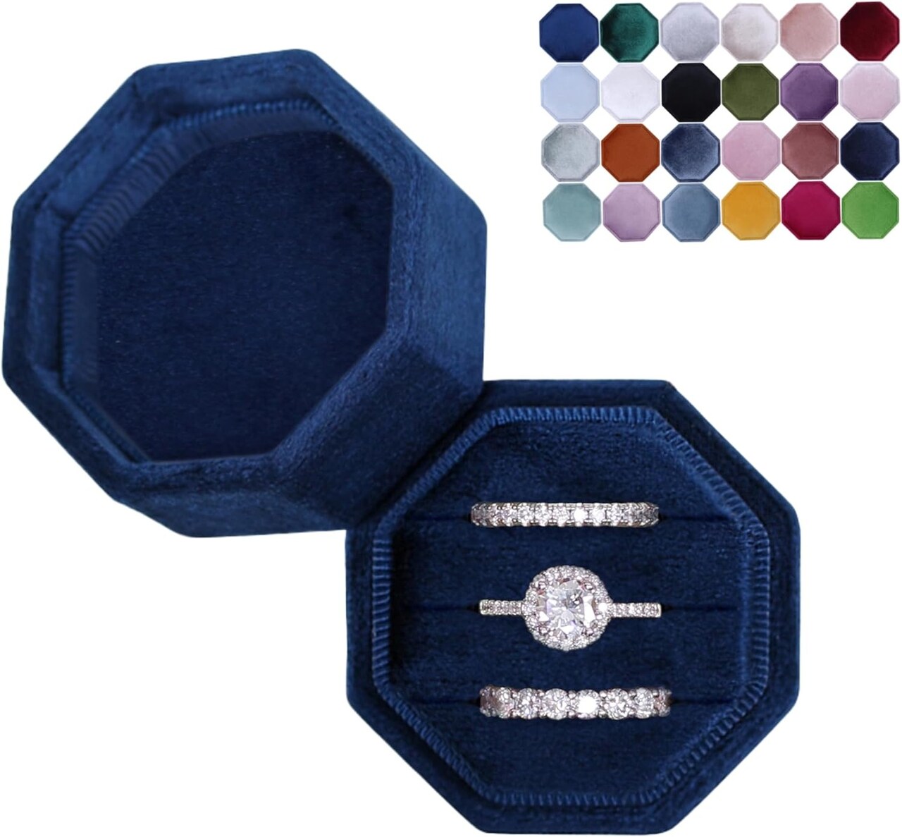 Velvet Ring Box with 3 Slots – Octagon Triple Ring Holder for Wedding, Engagement & Proposal Photos
